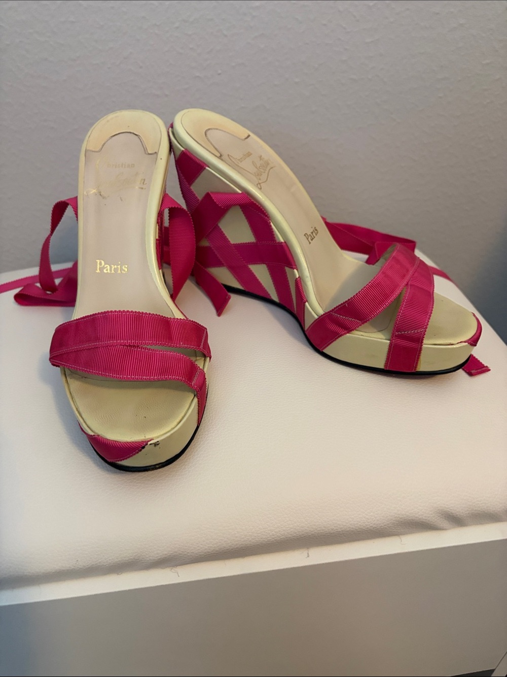 Christian Louboutin Hot Pink Ribbon Wedge Sandals